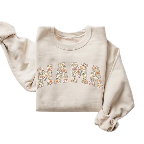 DAYLEA Mama Floral Sweatshirt Botanical Letter Graphic Crewneck Soft Green Mom Pullover