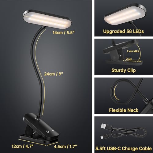 Image of Rechargeable Clip on Light with Clamp | USB Rechargeable, 5 Colors 5 Brightness, Strong Clamp, Portable Cordless, Reading Light