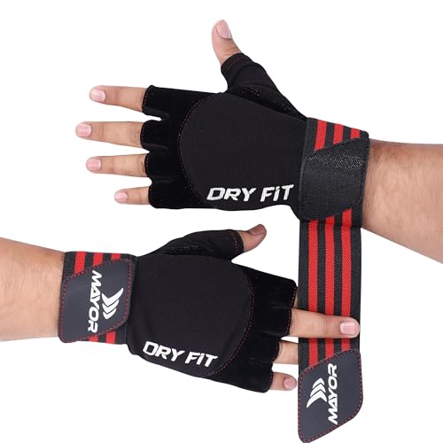 Image of Mayor Premium Dryfit Gym Gloves for Men & Women with Wrist Support Accessories for Weightlifting, Training, Exercise, Cycling Gloves, Bike Riding Gloves, Polycotton Blend (Red /Black)