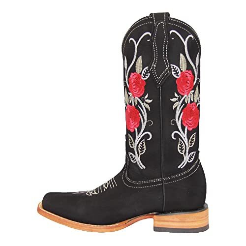 Women’s Square Toe Cowgirl Cowboy Boot Embroidered Floral Roses Western Boots Black3