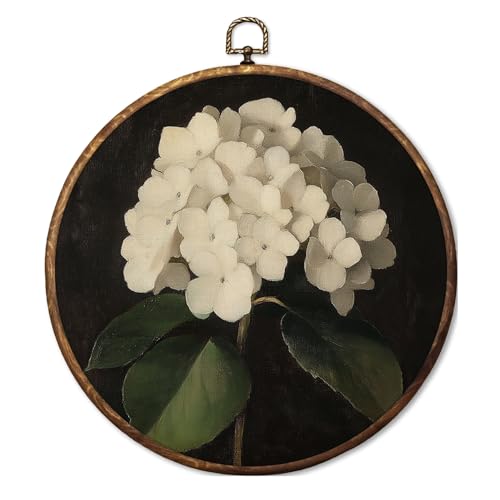 Fyecoluo Moody White Hydrangea Floral Round Canvas Wall Art, Dark Academia Floral Framed Canvas Art, Dark Cottagecore Flower Circle Wall Hanging Prints for Home Bedroom Living Room Decor,10x10 Inches