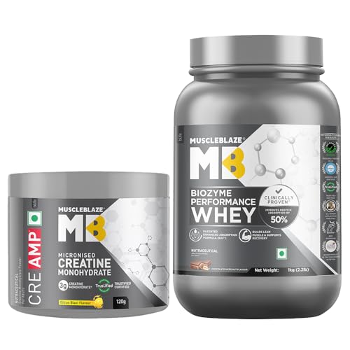 Image of MuscleBlaze Biozyme Performance Whey Protein Powder, Chocolate Hazelnut (1kg / 2.2lbs) & Micronised Creatine Monohydrate CreAMP Powder, Citrus Blast (30 Servings, 120g) | Pack of 2