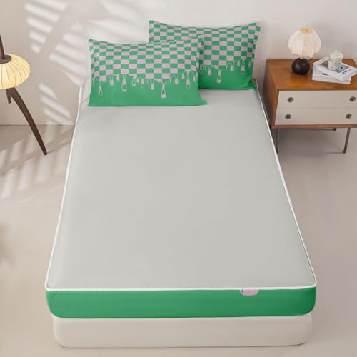 Image of Pink and Green Checkered Twin Zip Up Bedding with Deep Pocket Fitted Sheet,Non-Slip Checkerboard Drip Comforter Set for Kids,Secure Fit Cool Aesthetic Funky Geometric Bed in a Bag with Pillow Covers