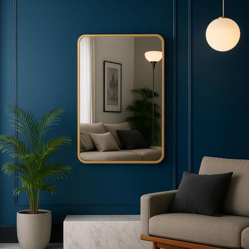 Image of The Artment your artistic apartment Streamline Rectangle Wall Mirror | HD Glass | Metal Frame | Wall-Mounted | Elegant Design for Bedroom, Bathroom, Hallway, Entryway | Gold (84 CM)