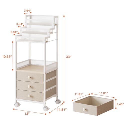 FURFUN Makeup Organizer Storage Cart with Drawers, 13 Inch Large Rolling Skincare Organizer Cart, 3-Tier Vanity Organizer Stand for Cosmetics, Nail Polish, Perfume, Bathroom and Bedroom, White