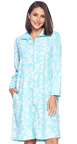 Casual Nights Women's Printed Micro Fleece Zip Up Long Sleeve Sleepwear Duster Robe, Teal Blue Floral, Xxl #TOP5