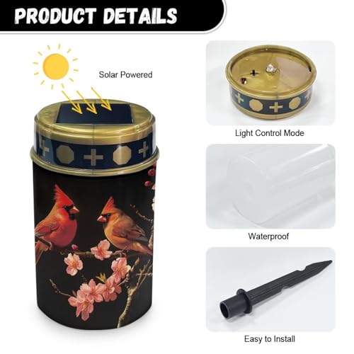 Image of Cardinal Bird Floral LED Solar Lights for Patriotic Landscape Waterproof Solar Power Light Flameless Candle for Cemetery Grave Memorial Decor 2 Pcs