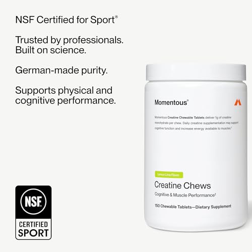 Image of Momentous Creatine Chews - Creatine Monohydrate - Supports Strength, Lean Muscle, & Recovery for Men & Women - NSF Certified for Sport - 150 Chewable Tablets - Lemon Lime