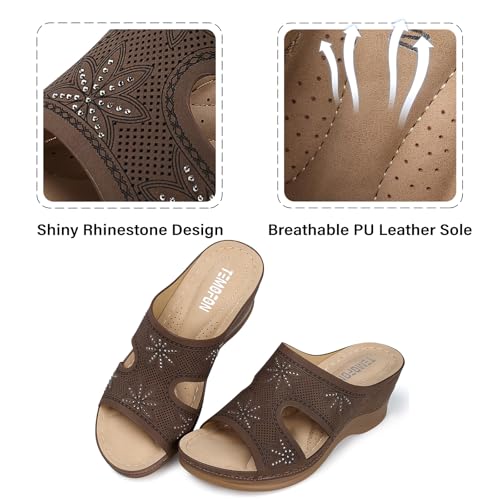 Image of TEMOFON Women Wedge Sandals Dressy: Comfortable Lightweight Summer Shoes | Low Wedge Heel - Fit Wide Feet - Comfy Stylish Slip on Sandals Size 5-11