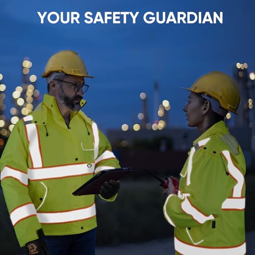 Image of TICONN Reflective Rain Jacket, Waterproof ANSI Class 3 Hi Vis Safety Coat | PU Coating Rain Coat, 360 Reflective Strips, Adjustable Cuffs, Large Utility Pockets, Fits Men and Women