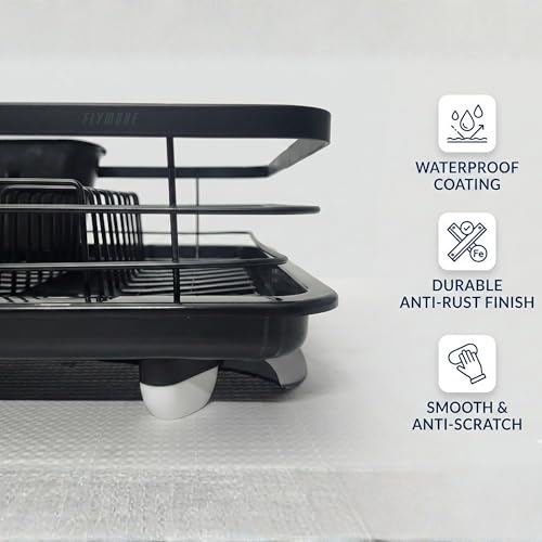 Image of flymore Dish Drying Rack with Cutlery Holder | Heavy Stainless Steel Kitchen Drying Rack with Drain Tray & Cutlery Holder | Countertop Utensils Stand - Sink Organization & Home Decor