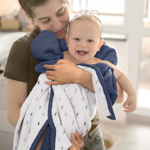 Image of lulumoon Muslin Baby Blanket for Boys: Cotton Toddler Blanket for Daycare | Soft Reversible Crib Bedding for Baby & Infant - Lightweight for Stroller, Car seat & Travel, 47 inchx47 inch(Blue Lighting)