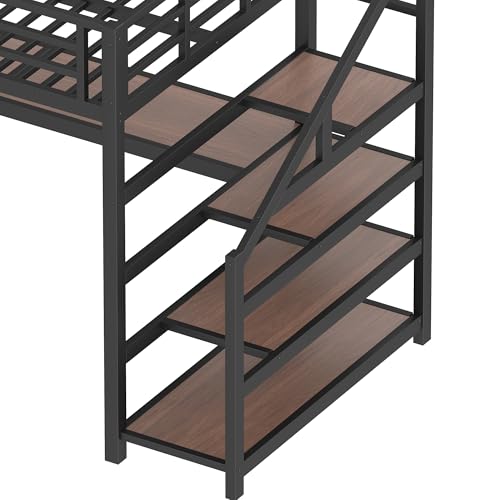 Image of Bellemave Twin XL loft Bed with Storage Stairs, Shelves, Metal Twin XL Loft Beds with LED Lights, USB Ports, Multifunctional Iron Nets for Adults, Kids, Teens, Black