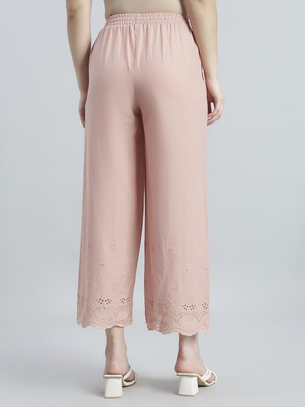 Image of GO COLORS Women Cotton Hakoba Wide Pant Ankle Length, Floral Embroidery, Relaxed Fit, Mid-Rise with Side Pocket
