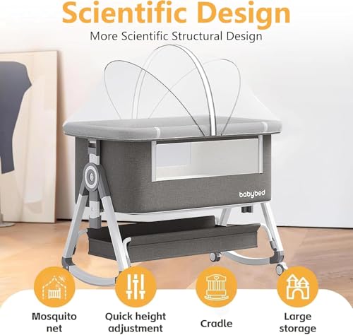 سرير اطفال 4 في 1 للنوم بجانب السرير، 6 ارتفاعات قابلة للتعديل، سرير اطفال محمول سهل الطي مع مرتبة مريحة وشبكة تخزين ناموسية للرضع حديثي الولادة