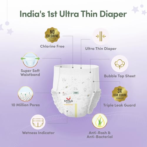 Image of Mylo Baby AirPrime Premium Diaper Pants Large (L) Size (9-14 kgs) (24 Count) Leak Proof | Ultra-Thin & Breathable | Up to 12 Hours Protection | No Rashes