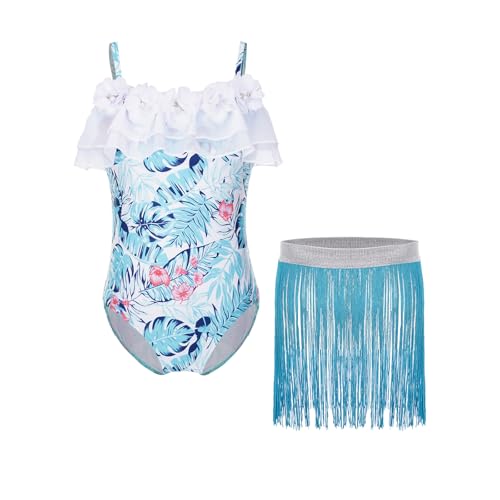 Traje de baño de dos piezas infantil con falda de borlas y cómodo tejido elástico 3