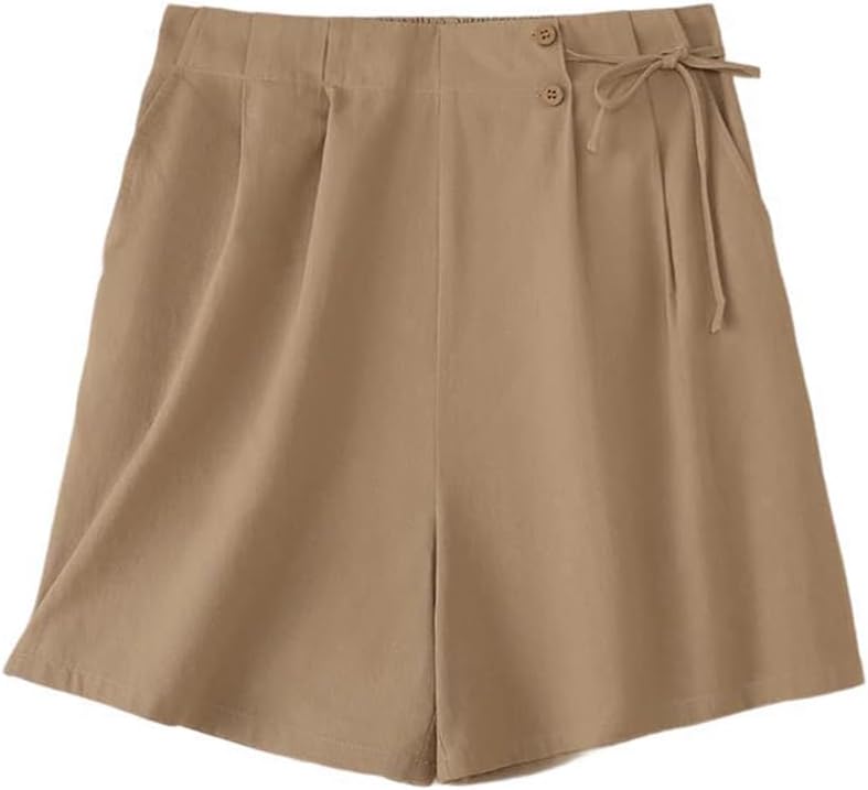 Women Vintage Cotton Shorts Elastic Waist Lace-Up Loose Holiday Shorts
