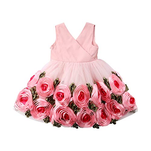 DXYtech Rose Flower Girl Dress Kids Pageant Party Birthday Princess Ball Gown Pink Dresses (Pink, 120/5T)