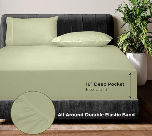 Image of Royale Linen Bamboo Viscose Queen Sheet Set - Cooling Bed Sheet Set - 1 Fitted 1 Flat & 2 Pillowcase - Fits Up to 16 - Organic Viscose Derived from Bamboo - Bedding Sheet &Pillowcase (Queen,SageGreen)