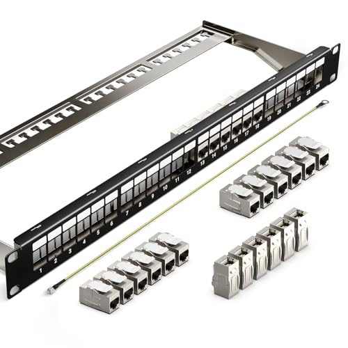 LEENUE 24 Port CAT7 Patchpanel mit 24 x Vergoldet Cat7 keystone rj45 kupplung 10 Gbit/s 600MHz Geschirmtes Keystone Patchpanel 19 Zoll patchpanel mit EMI/RFI-Schutz und Kabelmanagement-Kit