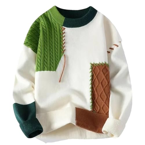 Men Color Block Loose Fit Knitted Sweater Crew Neck Full Sleeve Casual Comfortable Pullover Sweater