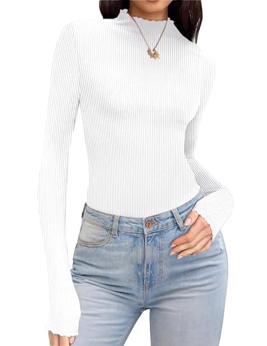 Ekouaer Turtleneck Shirt Women Ruffle Ribbed Long Sleeve Mock Neck Tops Slim Fit Lettuce Trim Base Layer