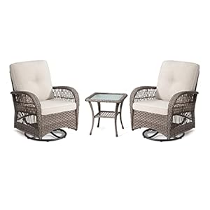 Bistro set 3 piece outdoor patio furniture wicker swivel rocking chair set with matching coffee table premium fabric cushionmixed greybeige  urban country home decor