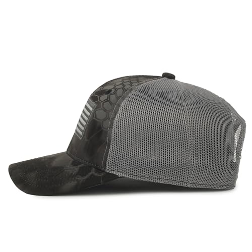 Image of Camouflage Flag Patch Trucker Hat - Cotton Canvas, Mesh Back, Structured High Crown, Plastic Snap Closure, One Size