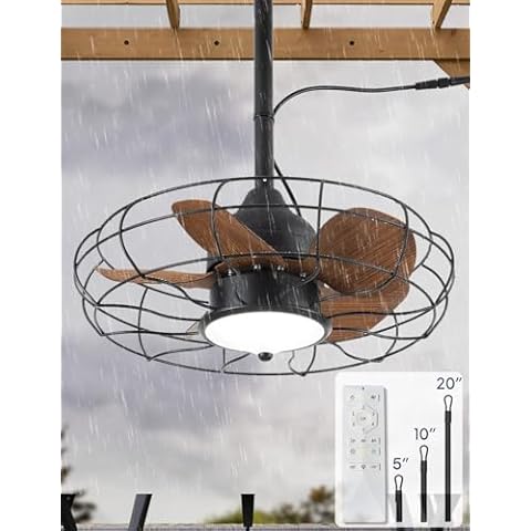 EKIZNSN 20" Outdoor Gazebo Ceiling Fans for Patios Waterproof, Wet Rated Plug in Ceiling Fan with Light, Hook Installation Cover
