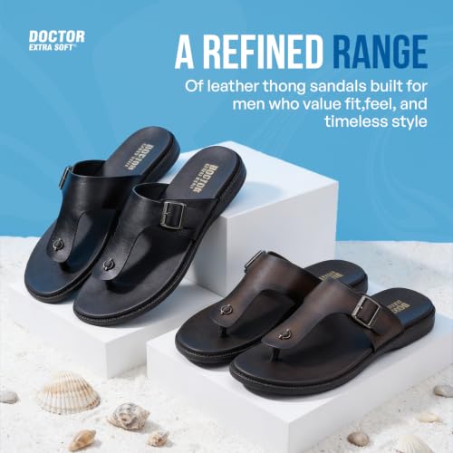 Image of DOCTOR EXTRA SOFT Men's Classic Casual Original Leather Thong Black /Brown Sandals /Chappals with Memory Foam Cushion| Stylish & Non-Slip|Comfortable & Lightweight |Flip flops Slippers Gents & Boys F-3