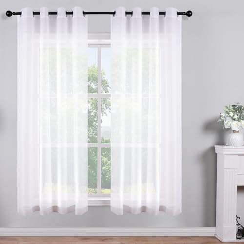 White Short Sheer Curtains 45 Inch Length for Small Windows Grommet 2 Panels Set Solid Faux Linen Gauze Voile Drapes Window Semi Sheer Curtains for Bedroom Bathroom Kids Room Kitchen Wide 52x45 Long
