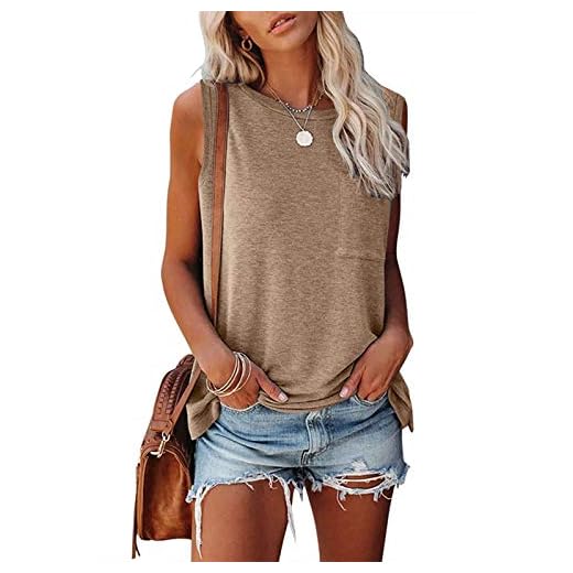 MIROL Women's Sleeveless Tank Tops Basic Loose Tunic T Shirts Batwing Sleeve Solid Color Casual Tee with Pocket Khaki