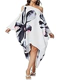 Off Shoulder Kaftan Dresses for Women White Oversized Flower Print Floral Dresses Plus Size T-Shirt Loose Flowy Batwing Beach Cover Up Dress