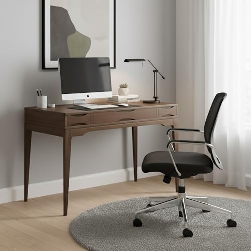 Image of SIMPLIHOME Harper Small Desk - 48 Inch Wide Solid Wood Writing Desk in Dark Brown Chestnut, Mid-Century Modern Home Office Computer Table for Study with 2 Drawers and Flip-Down Keyboard Tray
