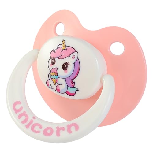 Image of Cute Adult Sized Pacifier for Anxiety: Big Shield Unicorn Paci for Autism - Soft Silicone Large Nipple Binky for Sleeping Pink and White