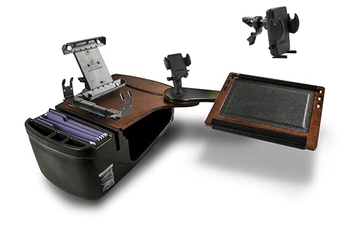 Bureau arrière mobile AutoExec acajou avec supports tablette, téléphone et imprimante pour voiture
