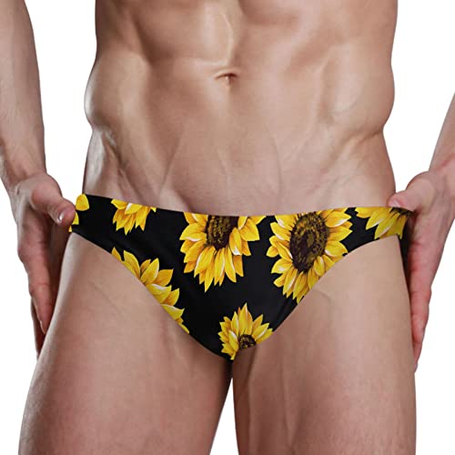Yellow Sunflowers Seamless On Black Dark Men's Swim Briefs, Sexy Bikini Briefs Triangle Swimming Briefs Swimwear Swimsuit Swim Trunks Surf Shorts Trunks for Men Beach M