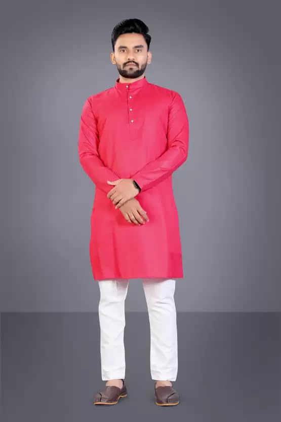 Image of weltpocket Men's Cotton Blend Solid Straight Kurta Pyjama