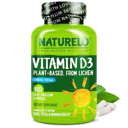 NATURELO Vitamin D - 2500 IU - Plant Based from Lichen - Natural D3 Supplement for Immune System, Bone Support, Joint Health - Vegan - Non-GMO - Gluten Free - 180 Capsules