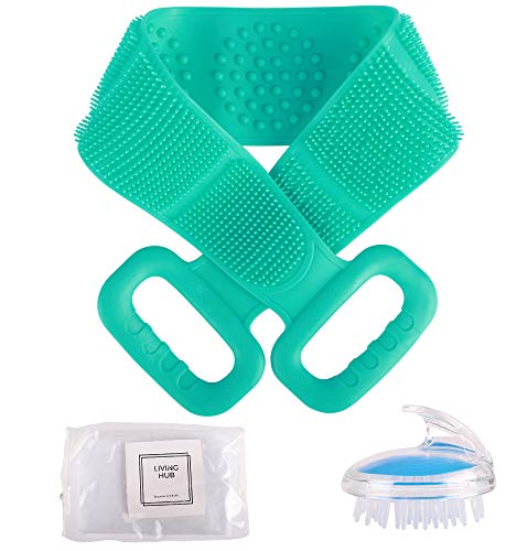 LIVINGHUB Silicone Back Scrubber And Hair Massage Brush – Travel Zip Pouch Bag Included for Shower Towel Double Sided Bath Body Scalp Deep Clean Exfoliating Massager for Men and Women (Green)