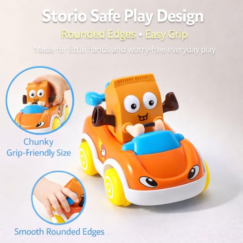 Image of Storio Pack of 4 Foodie Toy Cars | Friction Powered Push and Go Vehicles | Educational Baby Cars for 1-3 Years | Cartoon Themed Mr Chips, Mr Milk, Mr Coca, Mr Icecream