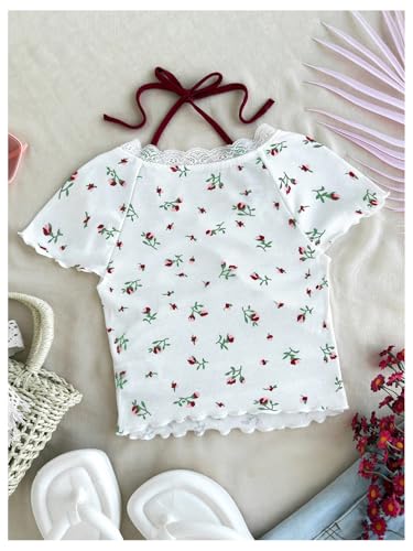 MakeMeChic Girl's Floral Lace Halter Tops V Neck Ruched Short Sleeve Lettuce Trim Cute Tee Shirt2
