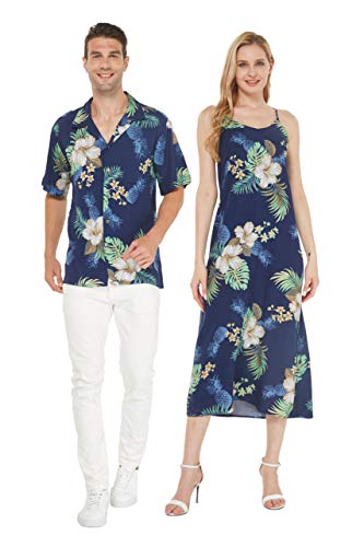 Couple Matching Hawaiian Luau Aloha Shirt Maxi Tank Dress in Pink Hibiscus Vine