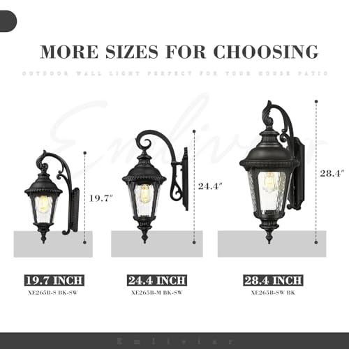 Image of Emliviar 28.4 inch Large Outdoor Wall Lantern, Farmhouse Exterior Porch Light for House, Black Finish with Water Ripple Glass, XE265B-SW BK