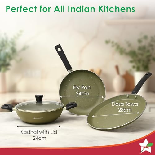 Image of Wonderchef Valencia Non-Stick Cookware 4 Pc. Set | Kadhai with Lid 24 cm, Fry Pan 24 cm, Dosa Tawa 28 cm | Pure Grade Aluminium | PFOA Free | 2-Yr Warranty | Olive Green