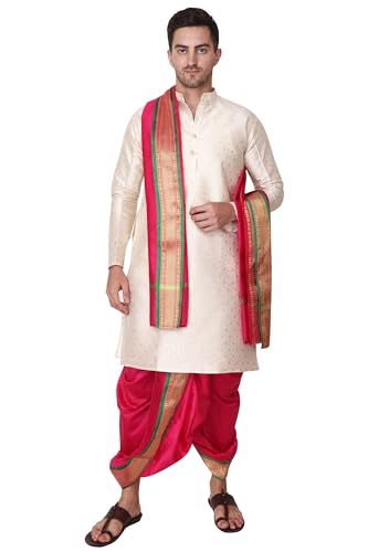 Image of Rameshwaram Fabrics Readymade Dhoti for Men, Velcro Style Stitched Mens Silk Dhoti Pant with Stole Set