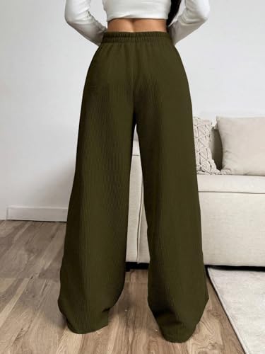 Image of Women's Trendy Korean Trouser with Pockets, Casual Corduroy Stretchable Baggy Loose || High Rise Elastic Waist Going Out Lounge Pants || Wide Leg Pants for Woman