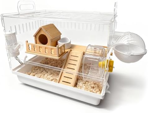 Acrylic Hamster Cage, 2-Tier Hamster Cage with Wooden Accessories...