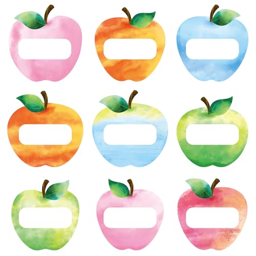 Image of Whaline 90 Pcs Back to School Name Tag Stickers Watercolor Apples Shape Nameplates Colored Self-Adhesive Label Decals for Students Desk Classroom Decoration, 9 Designs